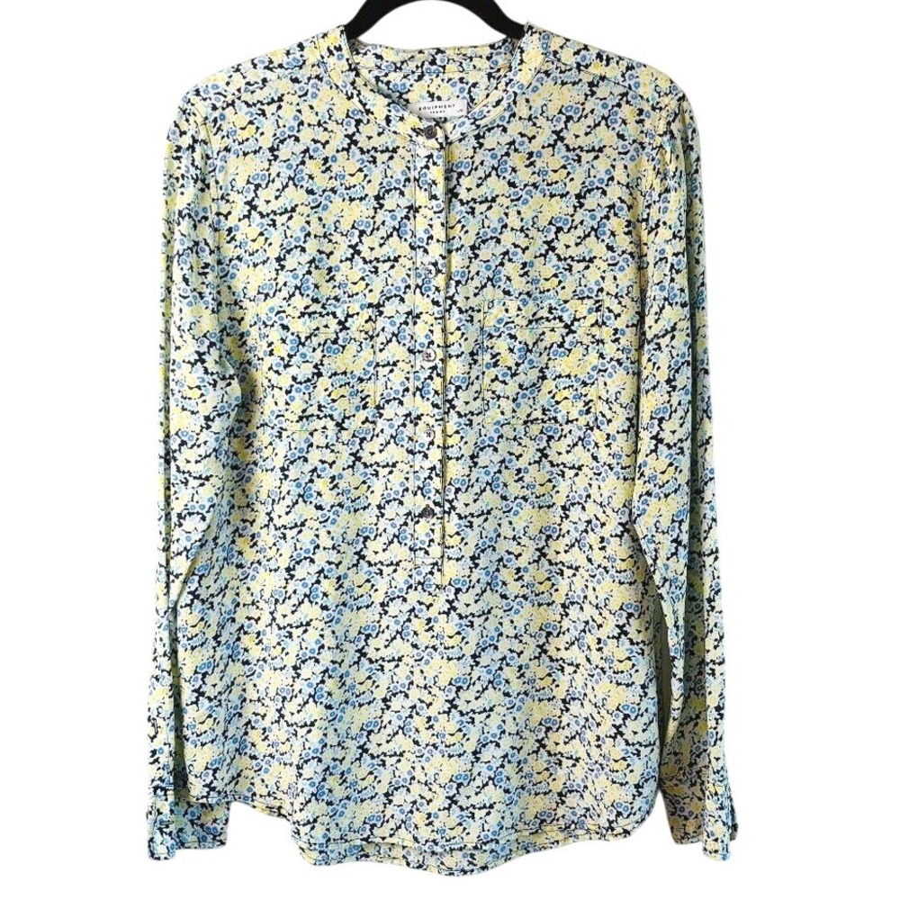 Equipment Femme Floral Silk Blouse Yellow Blue Womens Size L Long Sleeve Spring‎